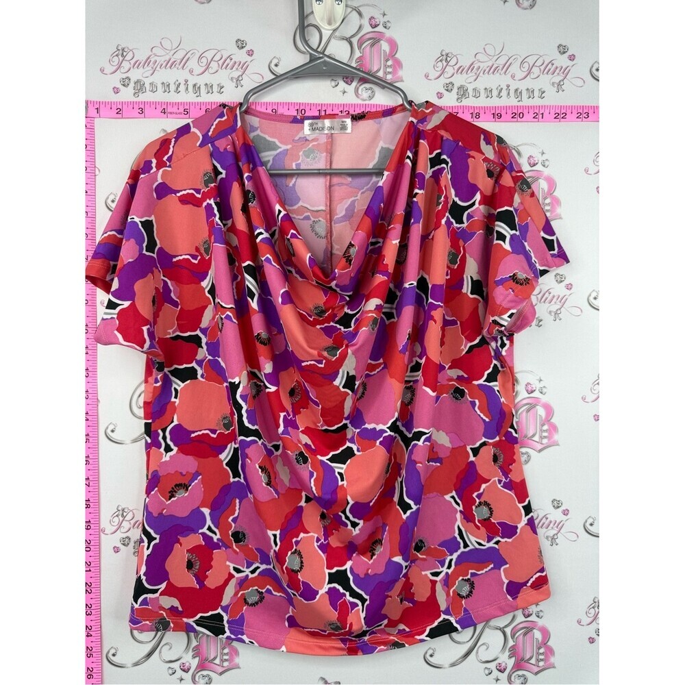 89th & Madison tee Vibrant Floral Cowl Neck Top in Pink, Red & Purple